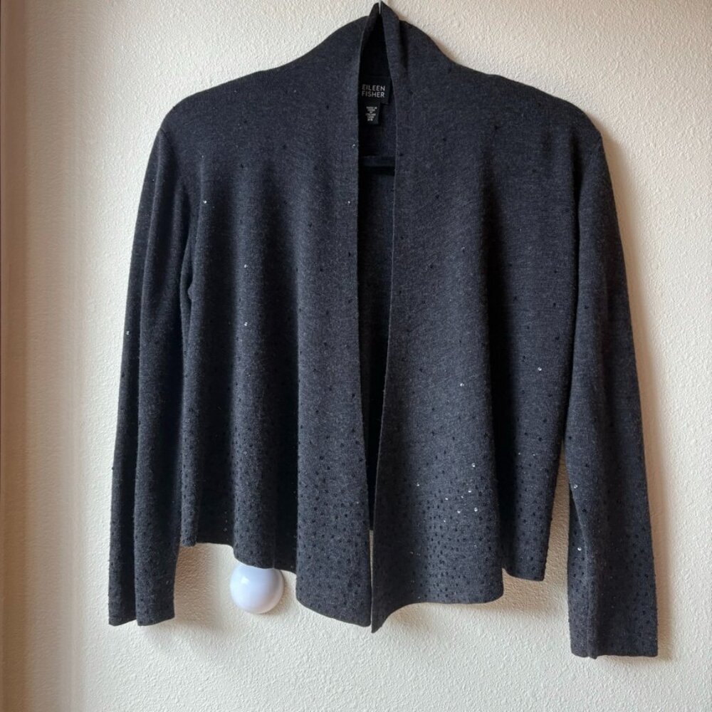 Eileen Fisher 100% Merino Wool Open Front Cardigan Sequins Dark Gray Size XS